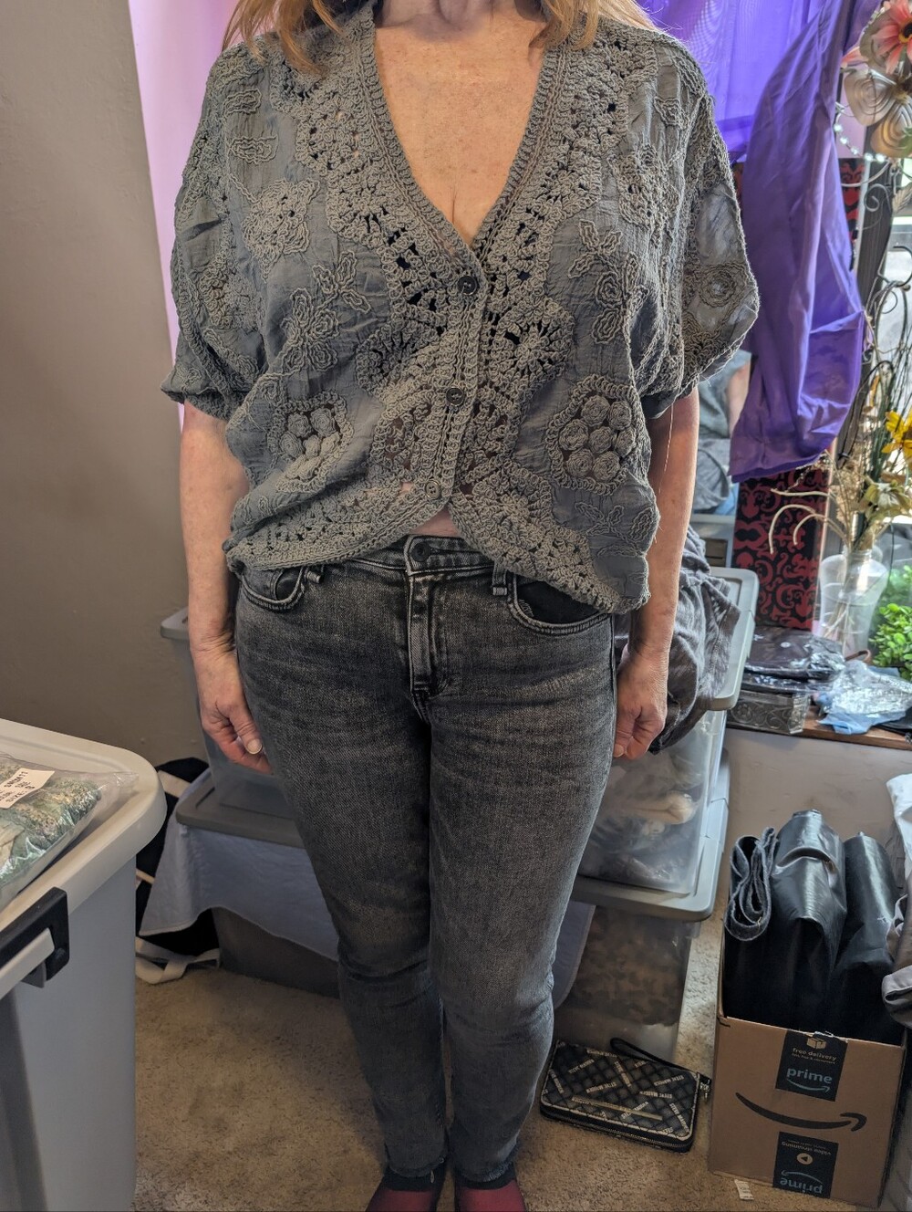 NEW POL! Gray Crochet Detail Button-Front Cotton Cardigan/Vest/Top O/S NIP.